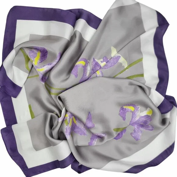 Floral Elegant Women Scarf Bandana Green Purple Vintage Silk Appaerance Top - Picture 4 of 6